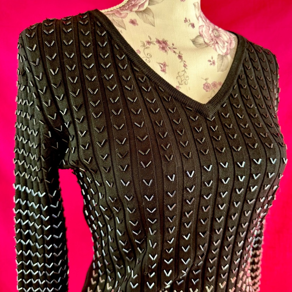 Black Beaded Ribbed Knit Long Sleeve Sweater Glam Party Belldini Small - Picture 10 of 17